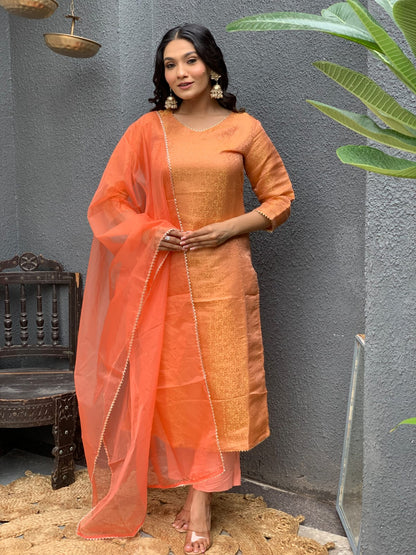 Brocade Banarasi Straight Kurta Pant Set with Organza Dupatta for Women