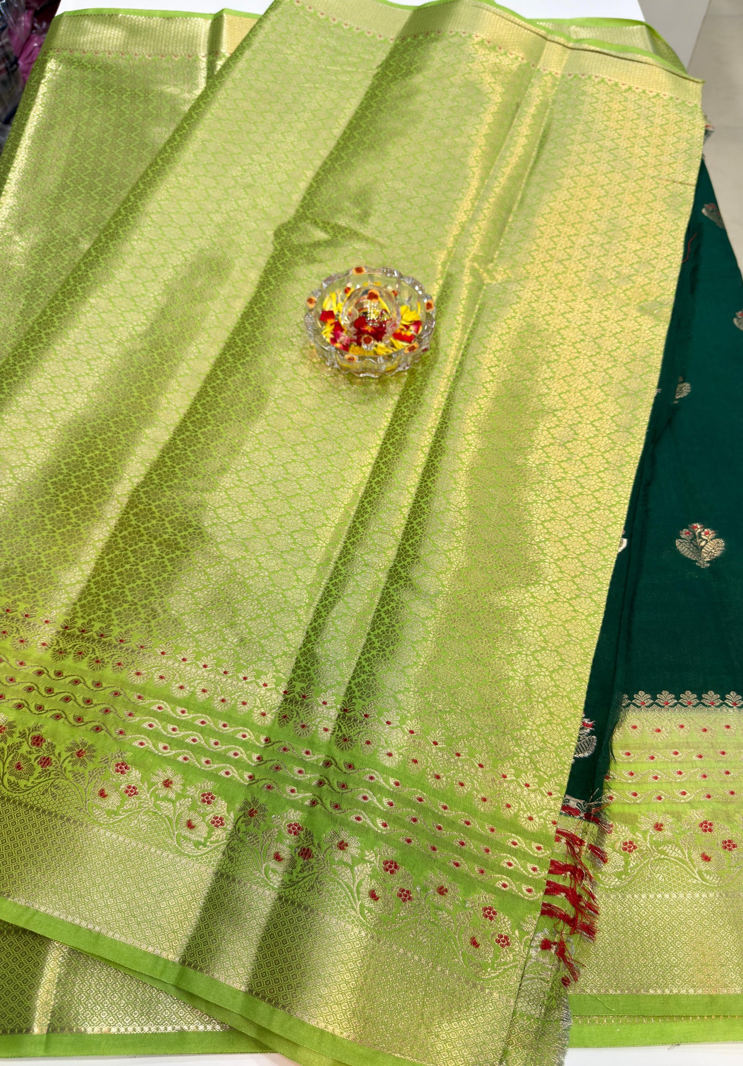 Banarasi Semi RW Mango Silk Saree for Women with Zari Buta, Contrast Border, Designer Pallu and Brocade Blouse