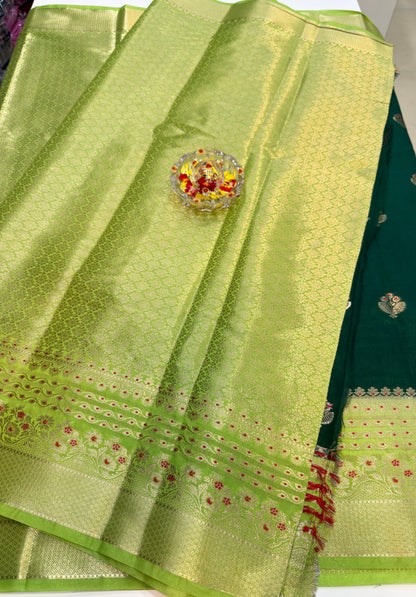 Banarasi Semi RW Mango Silk Saree for Women with Zari Buta, Contrast Border, Designer Pallu and Brocade Blouse