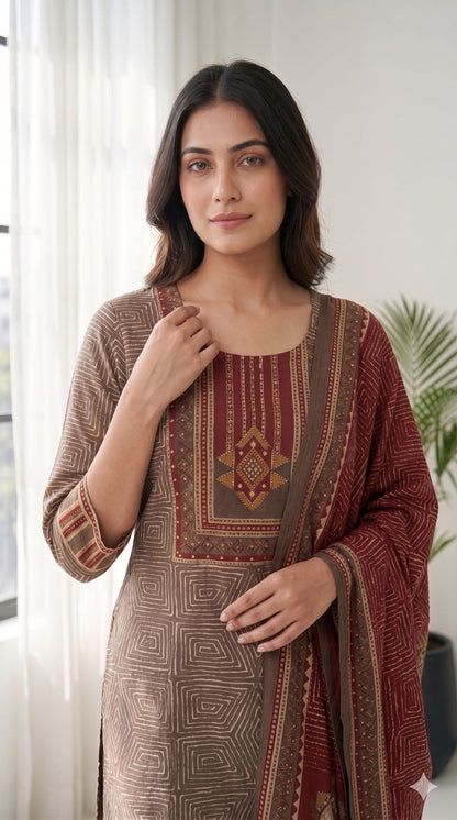 Pure Muslin Kurta Pant Dupatta Set for Women with Kantha Work, Printed Straight Cut Suit Set with Lining