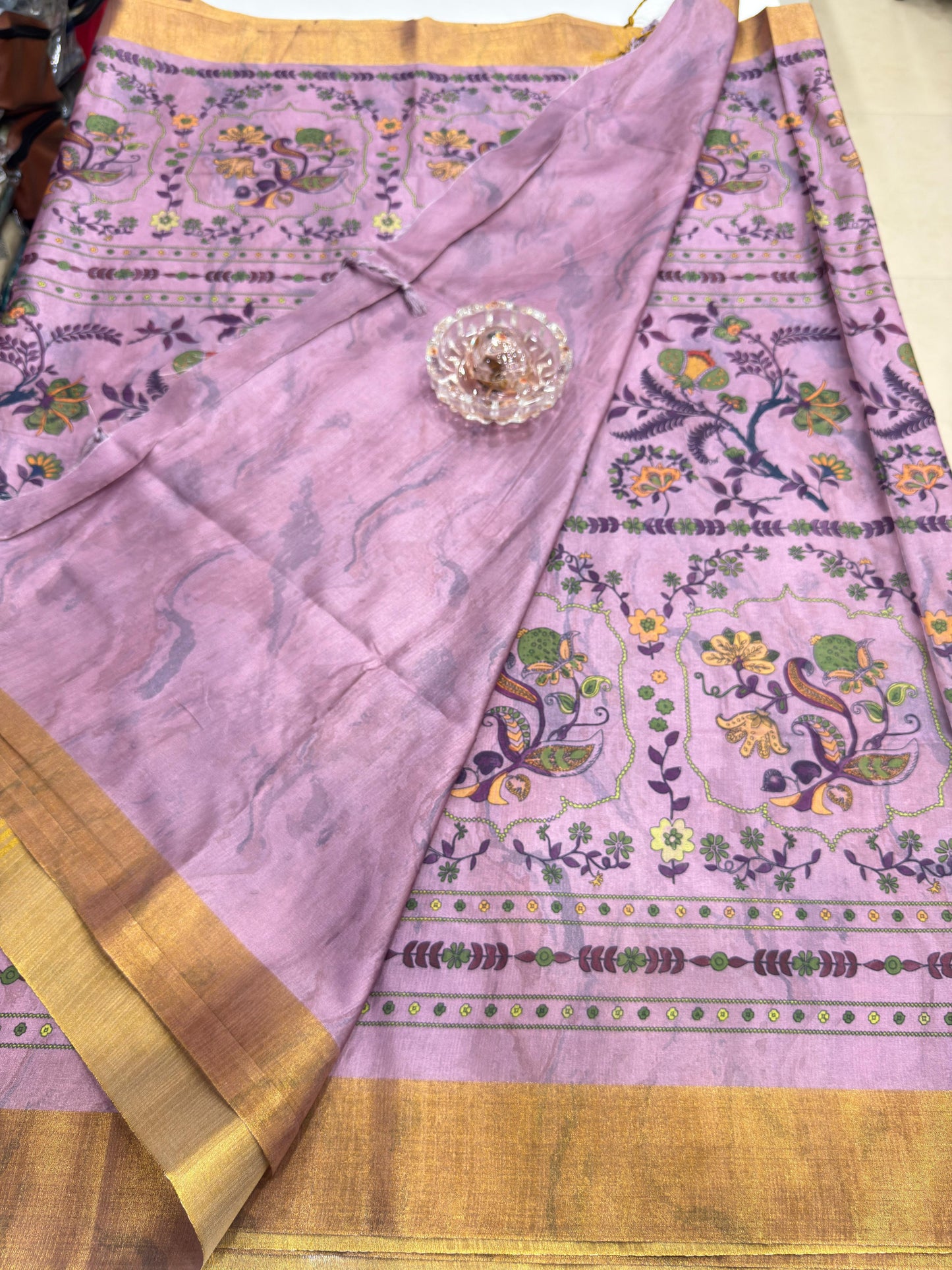 Soft Tussar Silk Printed Saree with Contrast Border, Tassels and Blouse for Women
