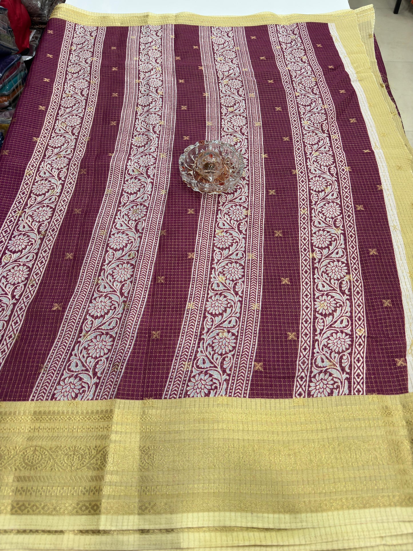 Munga pattu silk blend saree with small buti checks and zari border, women’s festive wear saree