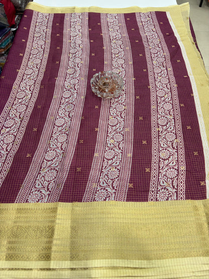 Munga pattu silk blend saree with small buti checks and zari border, women’s festive wear saree