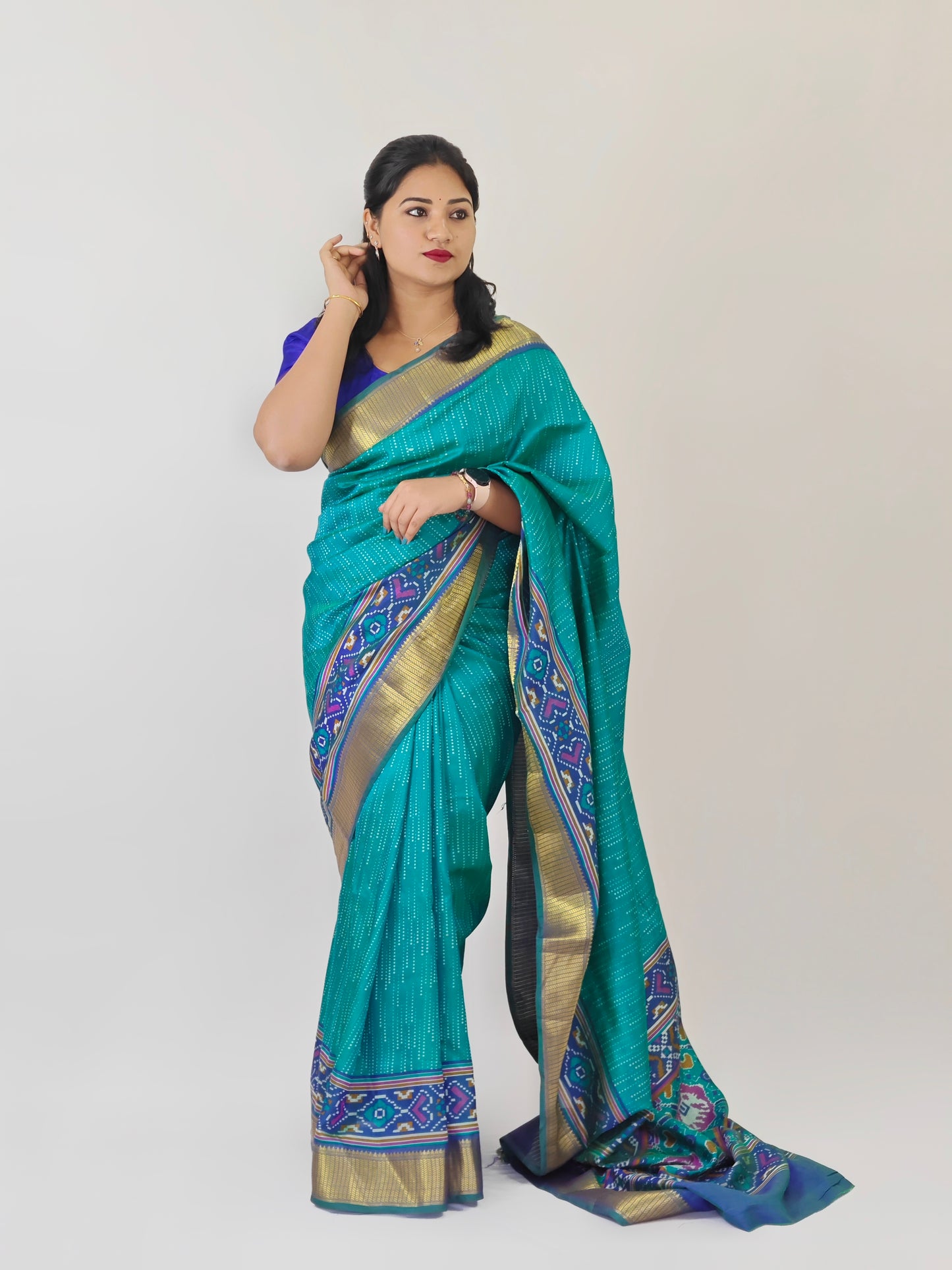 Soft Pochampally Silk Saree with Printed Multi-Butta Design and Contrast Running Blouse