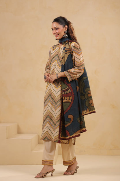 Mul Chanderi Kurti Pant Dupatta Set with Dori and Sequin Handwork for Women