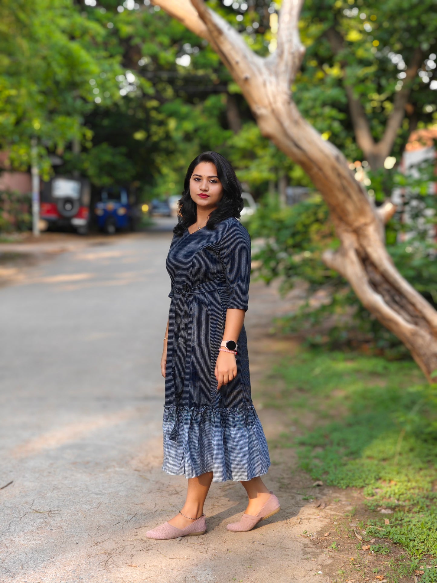 Black Cotton Striped Flared Midi Dress for Women – Sizes S to 3XL