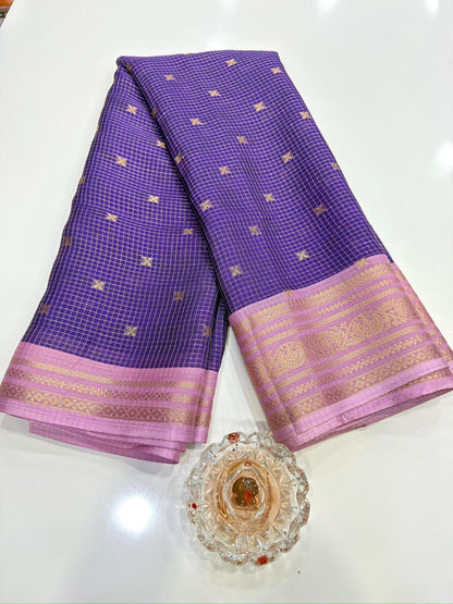 Munga pattu silk blend saree with small buti checks and zari border, women’s festive wear saree