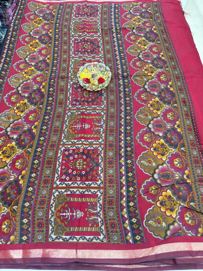 Kalamkari Printed Silk Blend Saree for Women with Artistic Border and Traditional Ethnic Design