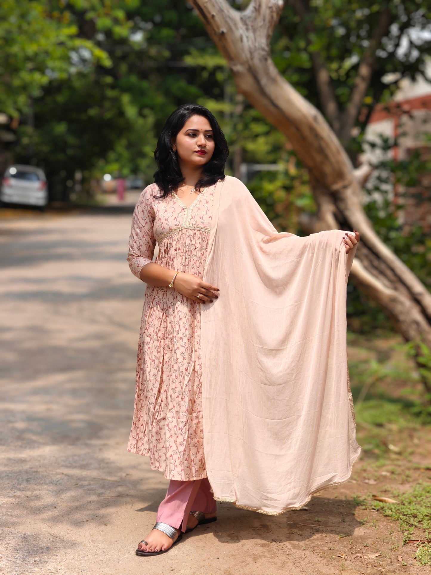Pink Floral Chanderi Kurta Set with Matching Bottoms & Dupatta – Festive & Semi-Formal Wear