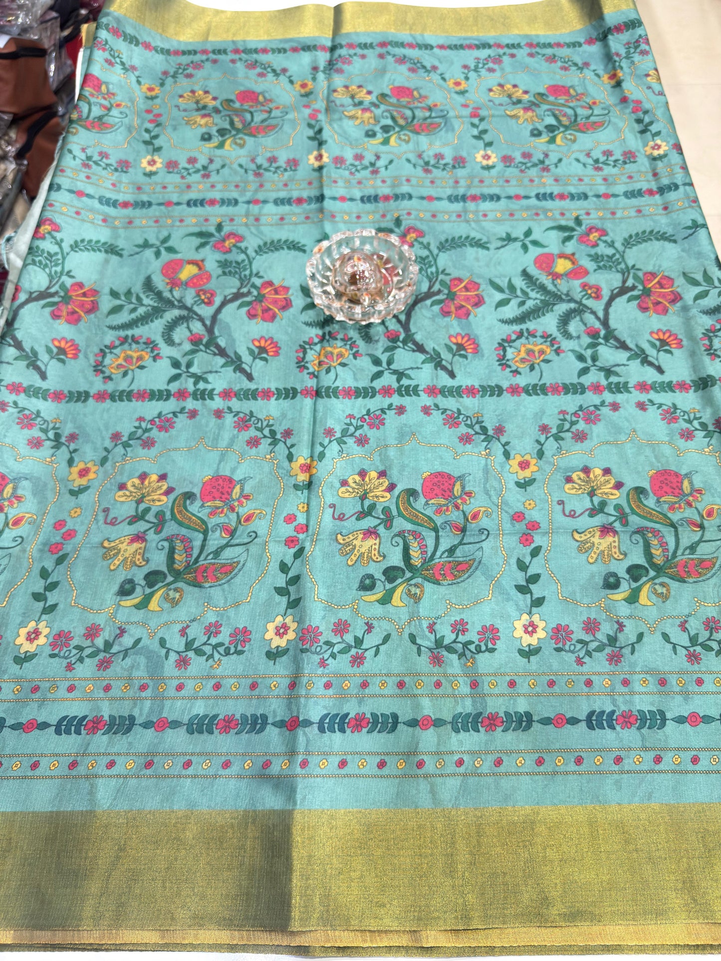 Soft Tussar Silk Printed Saree with Contrast Border, Tassels and Blouse for Women