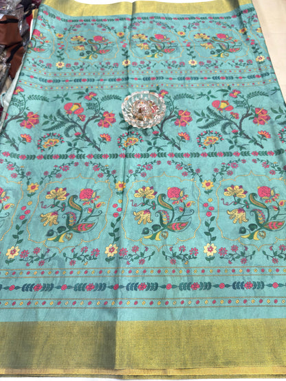 Soft Tussar Silk Printed Saree with Contrast Border, Tassels and Blouse for Women