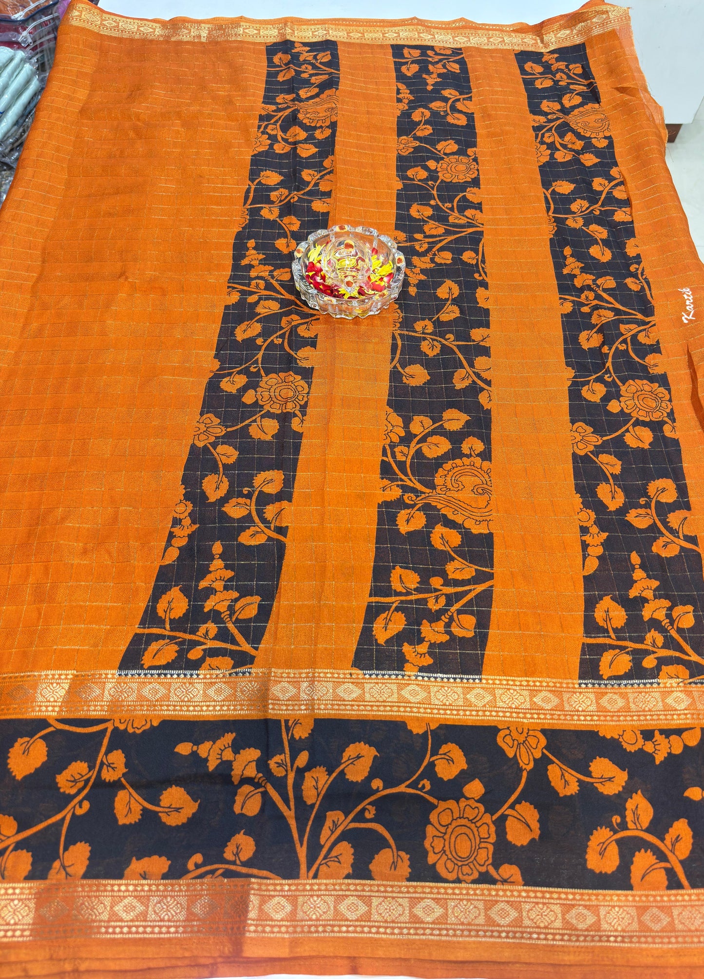 Semi Mysore Georgette Blend Saree for Women with Woven Border and Traditional Printed Design