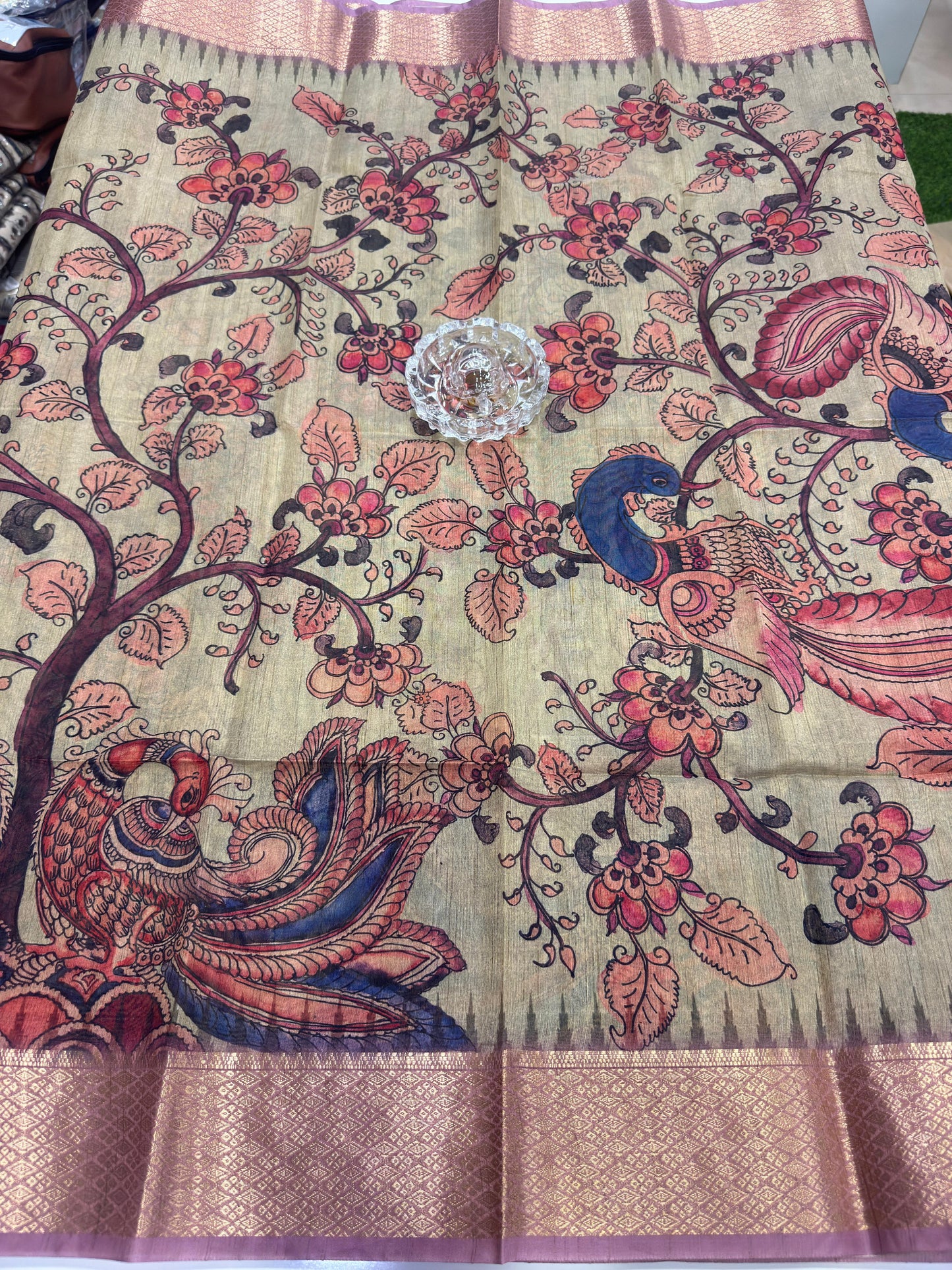 Pashmina Silk Kashmiri Printed Saree for Women Kalamkari Bird Floral Design with Zari Border Ethnic Saree
