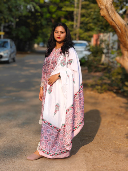 A-line cotton kurti pant dupatta set for women with lace detailing and printed design – summer festive wear