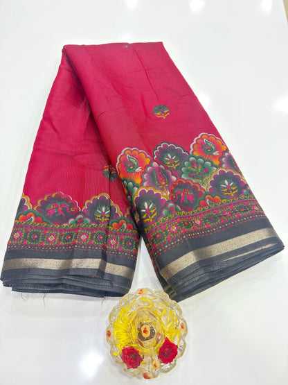 Kalamkari Printed Silk Blend Saree for Women with Artistic Border and Traditional Ethnic Design