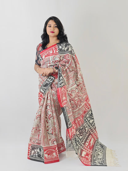Madhubani Sohajpath Hand Block Print Saree on Begampur Zari Check Fabric – Festive & Wedding Wear
