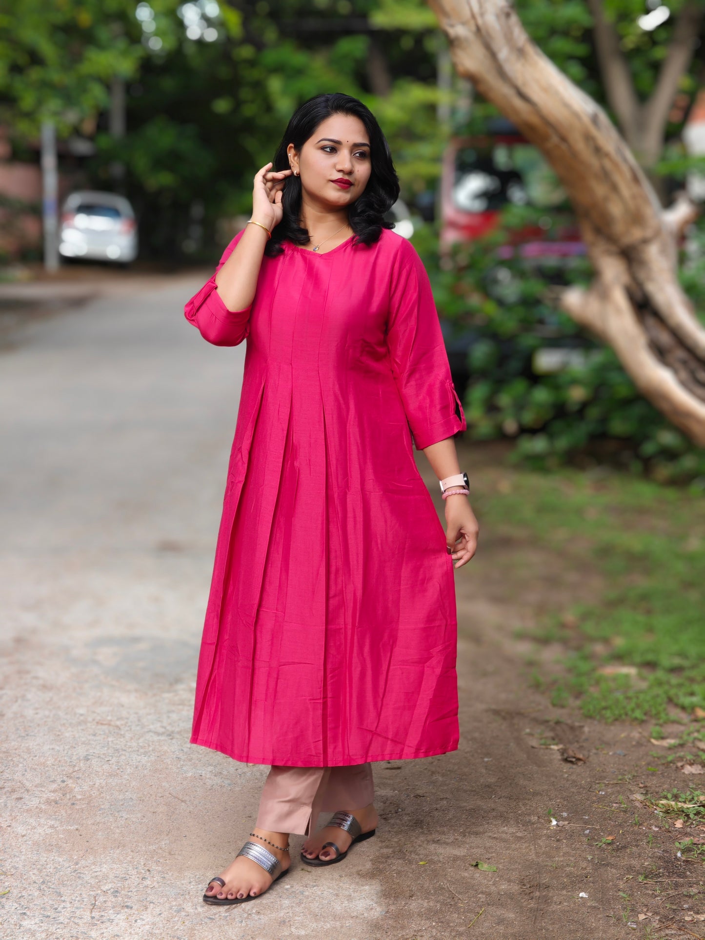 Pink Chinnon Solid Pleated Kurta with Pant Set for Women