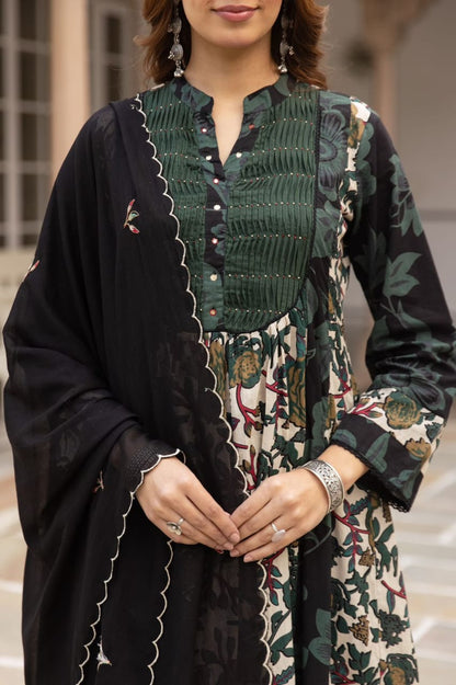 Cotton Printed Kurta Set for Women with Contrast Panels and Dupatta