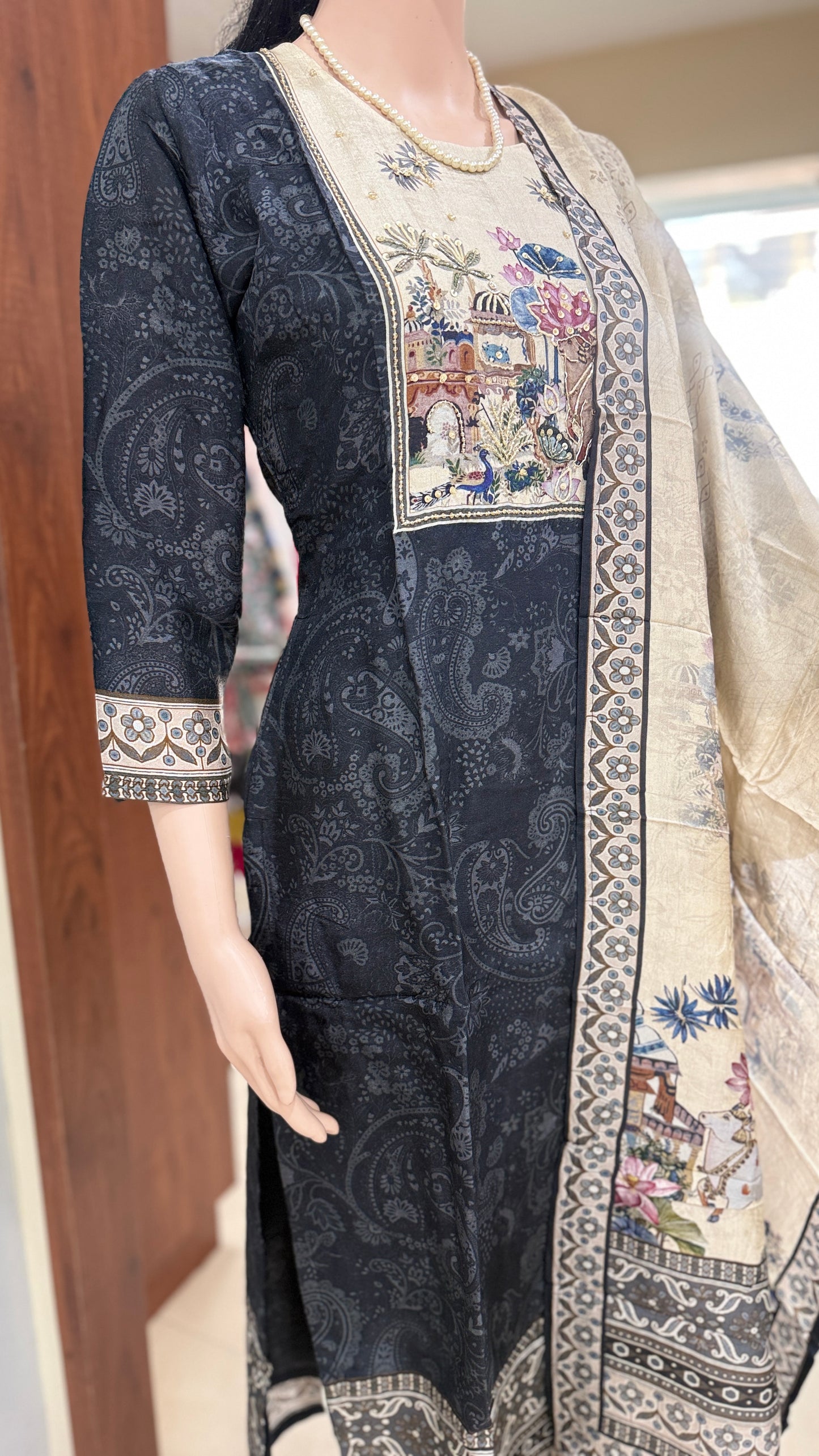 Viscose dola silk kurta pant dupatta set for women with lining, printed ethnic 3 piece set, sizes 38 to 46