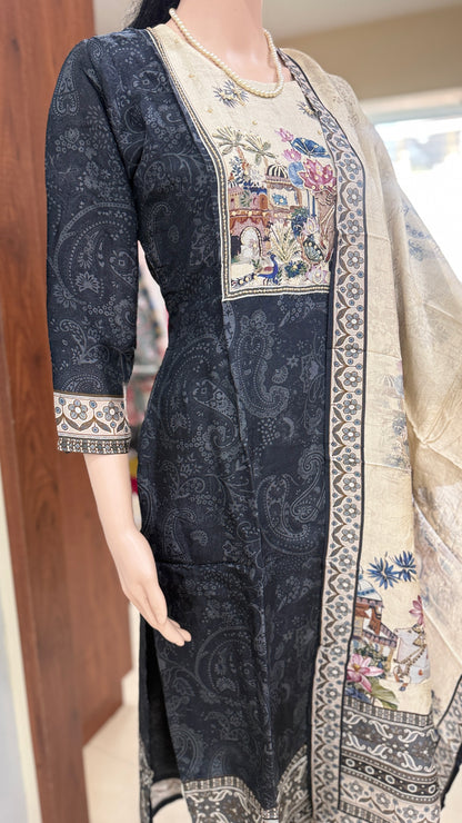 Viscose dola silk kurta pant dupatta set for women with lining, printed ethnic 3 piece set, sizes 38 to 46