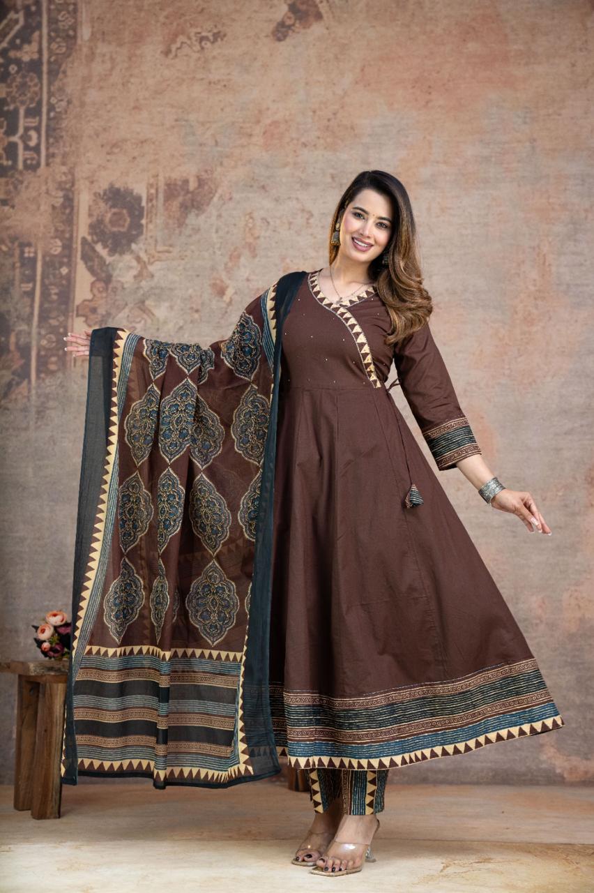 Women’s cotton 60x60 Anarkali kurta pant dupatta set brown, border print, flared suit set, sizes M-3XL
