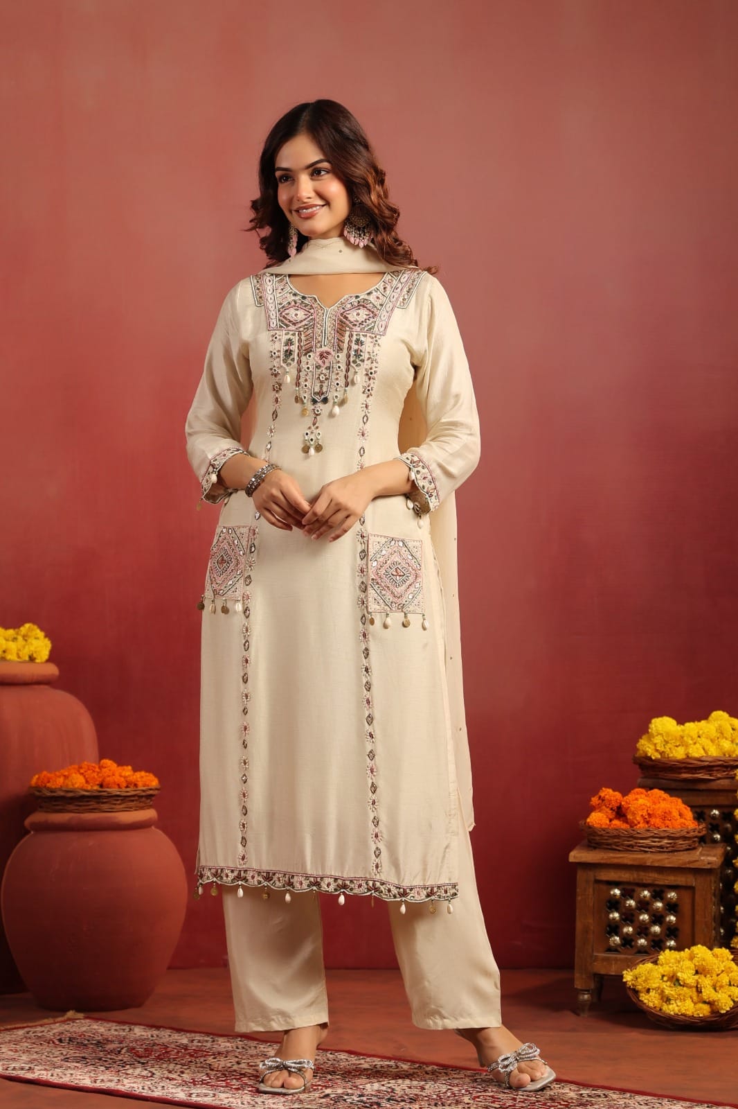 Dola Silk Kurta Pant Dupatta Set with Embroidery Detailing – Women’s Festive Wear (Sizes M–XXL)