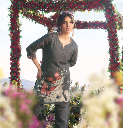 Linen Pure co ord set for women with cotton lining and knot work detailing, top and pant set L to 2XL