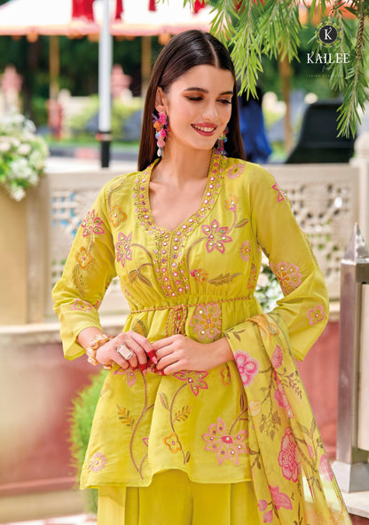 Viscose Shimmer Zari Silk Kurta Plazo Dupatta Set with Handwork and Digital Print Dupatta – Sizes XL to 3XL