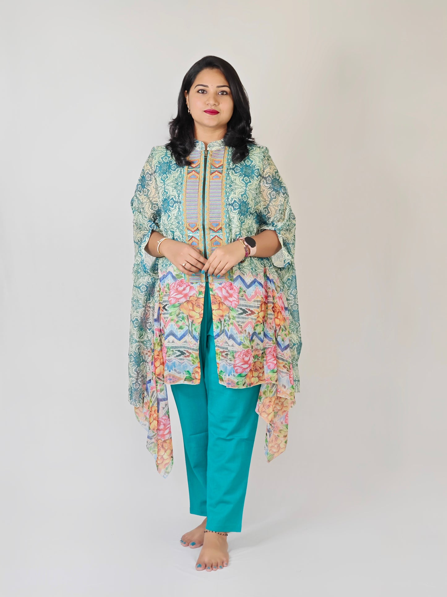 Designer Cape Style Embroidered Viscose Chiffon Top with Linen Cotton Bottom for Women | L to 2XL