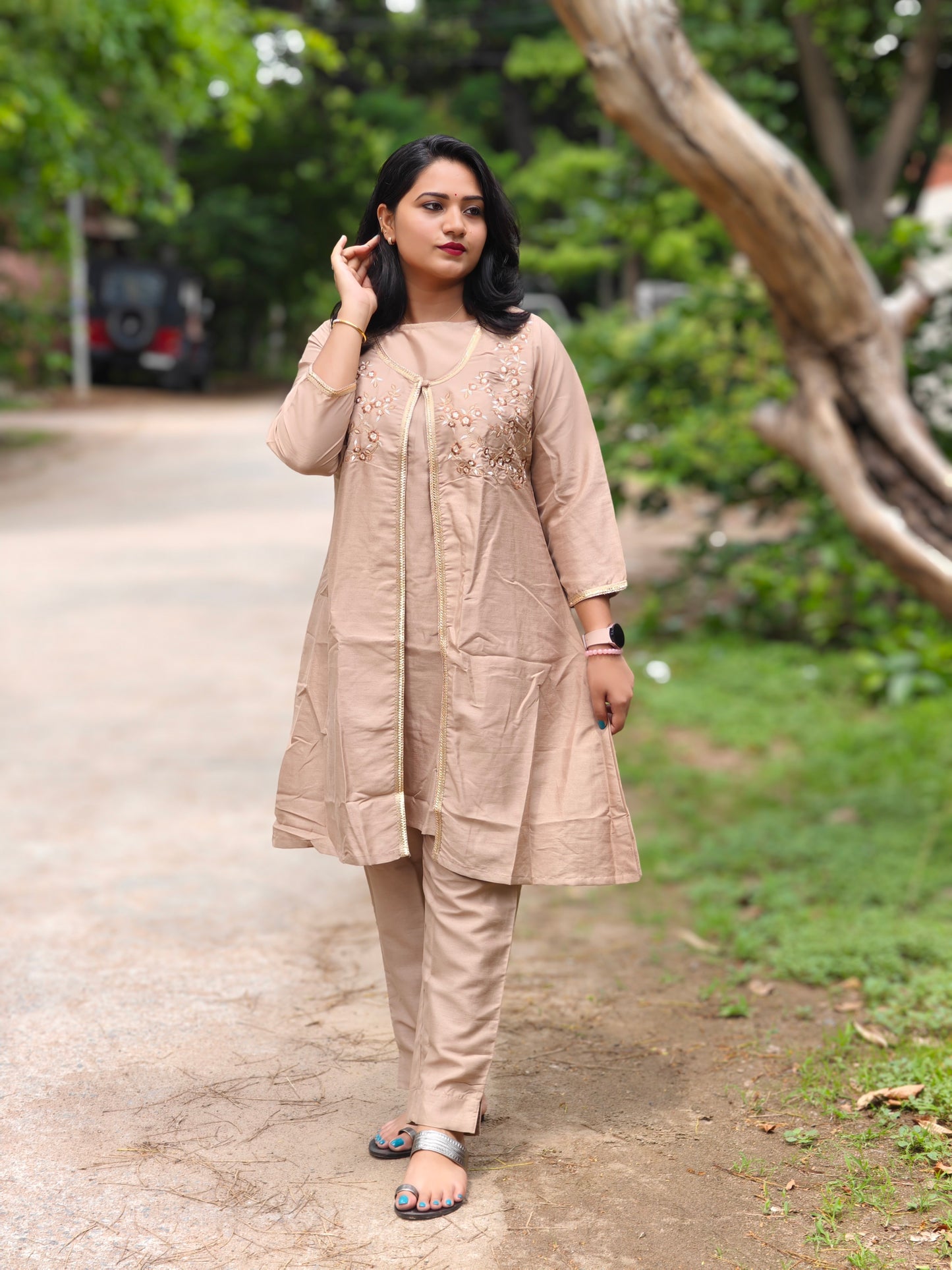 Beige Silk Crepe Embellished Jacket-Style Kurta with Pant Set for Women
