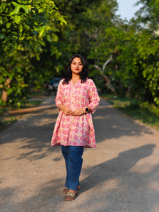 Pink Cotton Ikat Printed Pleated Tunic for Women – Sizes S to 2XL