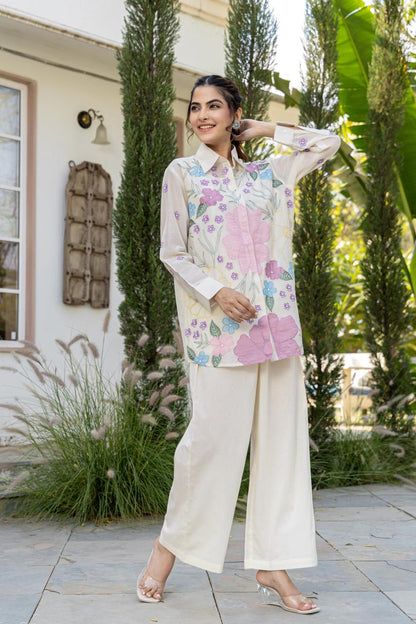 Mul Chanderi Co-Ord Set for Women with Applique Work, Printed Top and Pant Set with Lining
