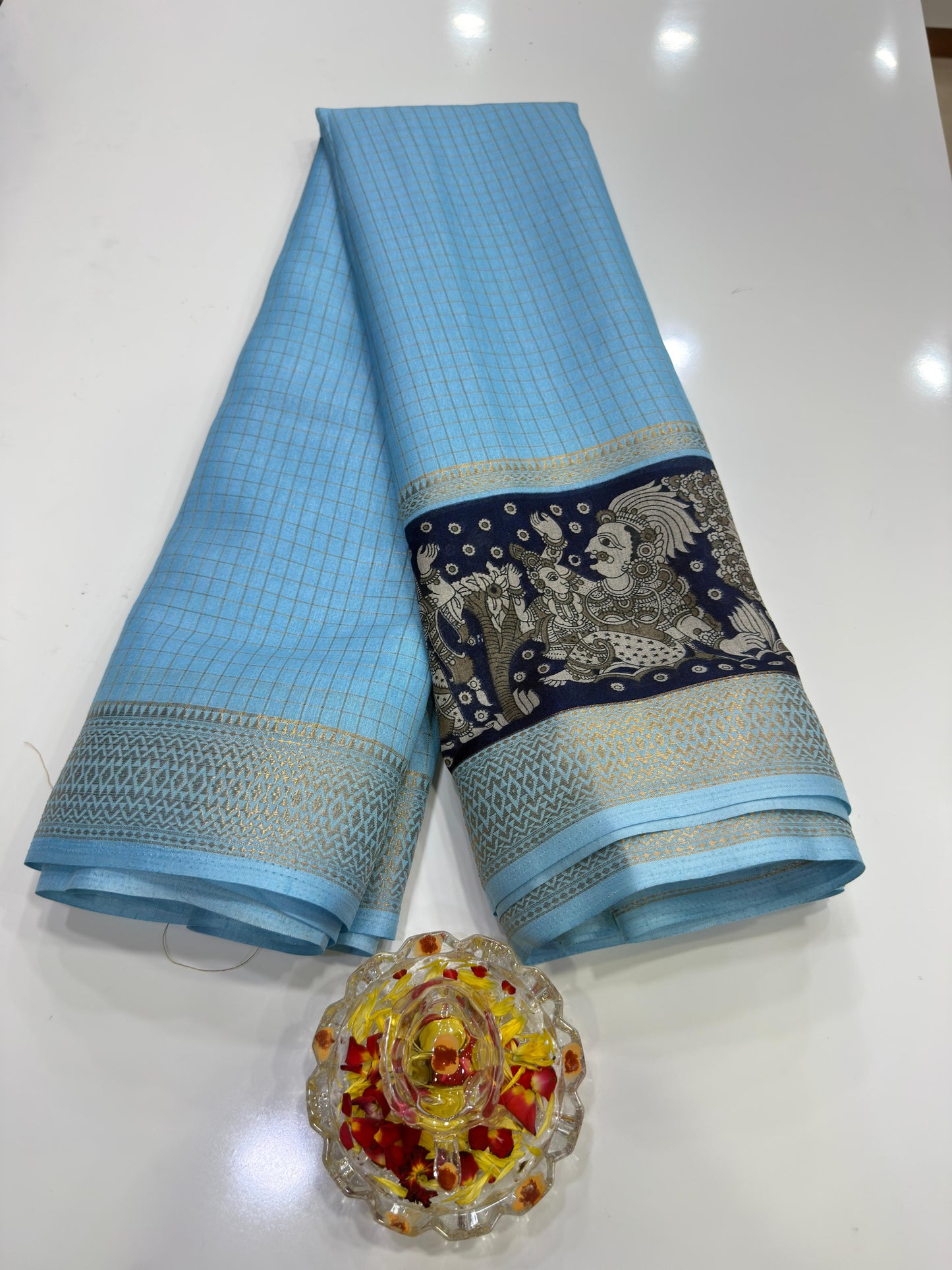 Semi Mysore Georgette Blend Saree for Women with Woven Border and Traditional Printed Design