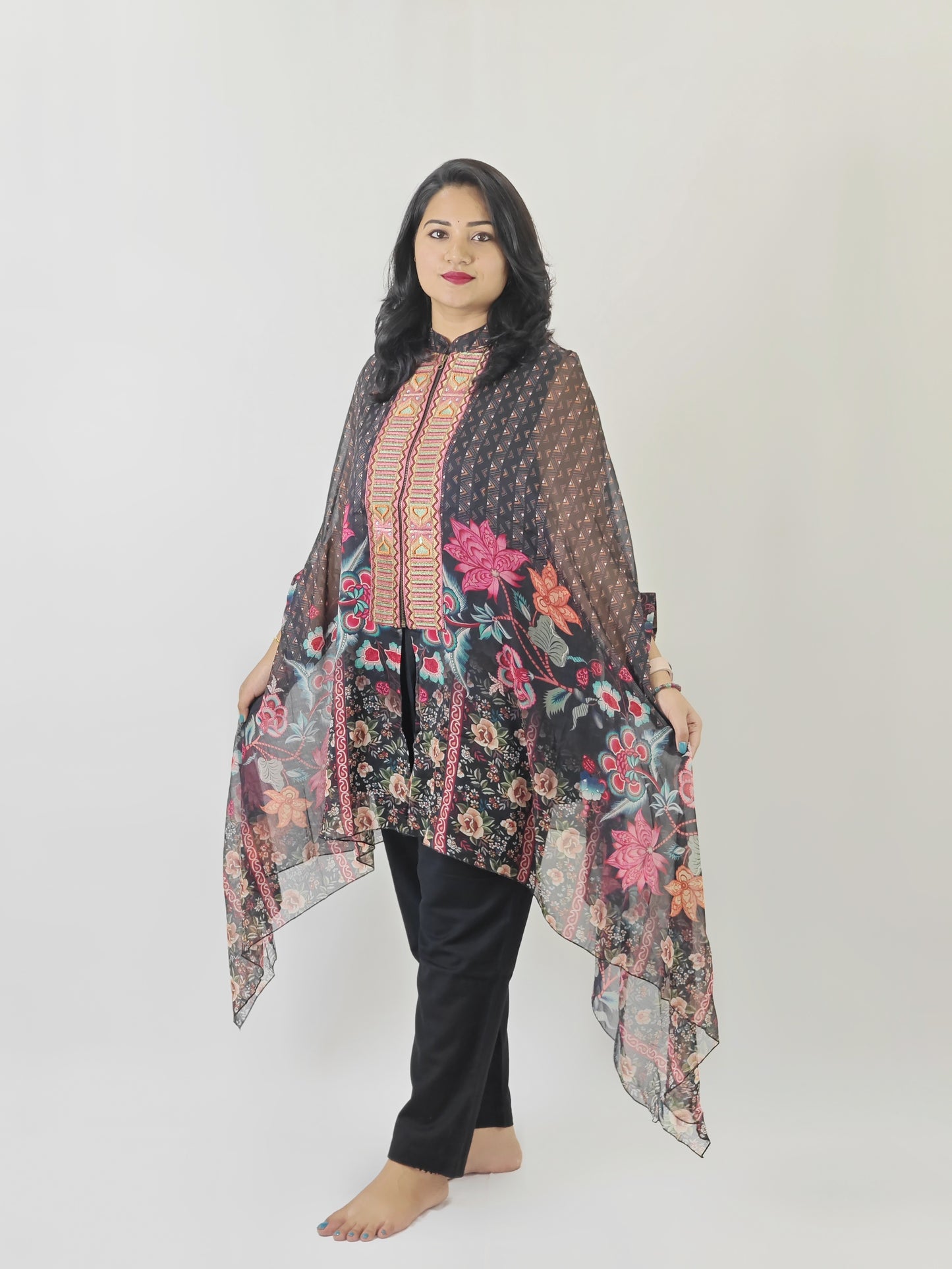 Cape-style printed chiffon top with cotton inner and linen cotton bottom – embroidered women’s festive co-ord set