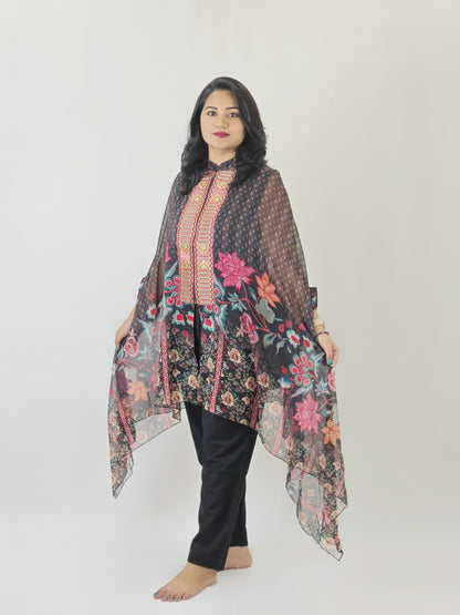 Cape-style printed chiffon top with cotton inner and linen cotton bottom – embroidered women’s festive co-ord set