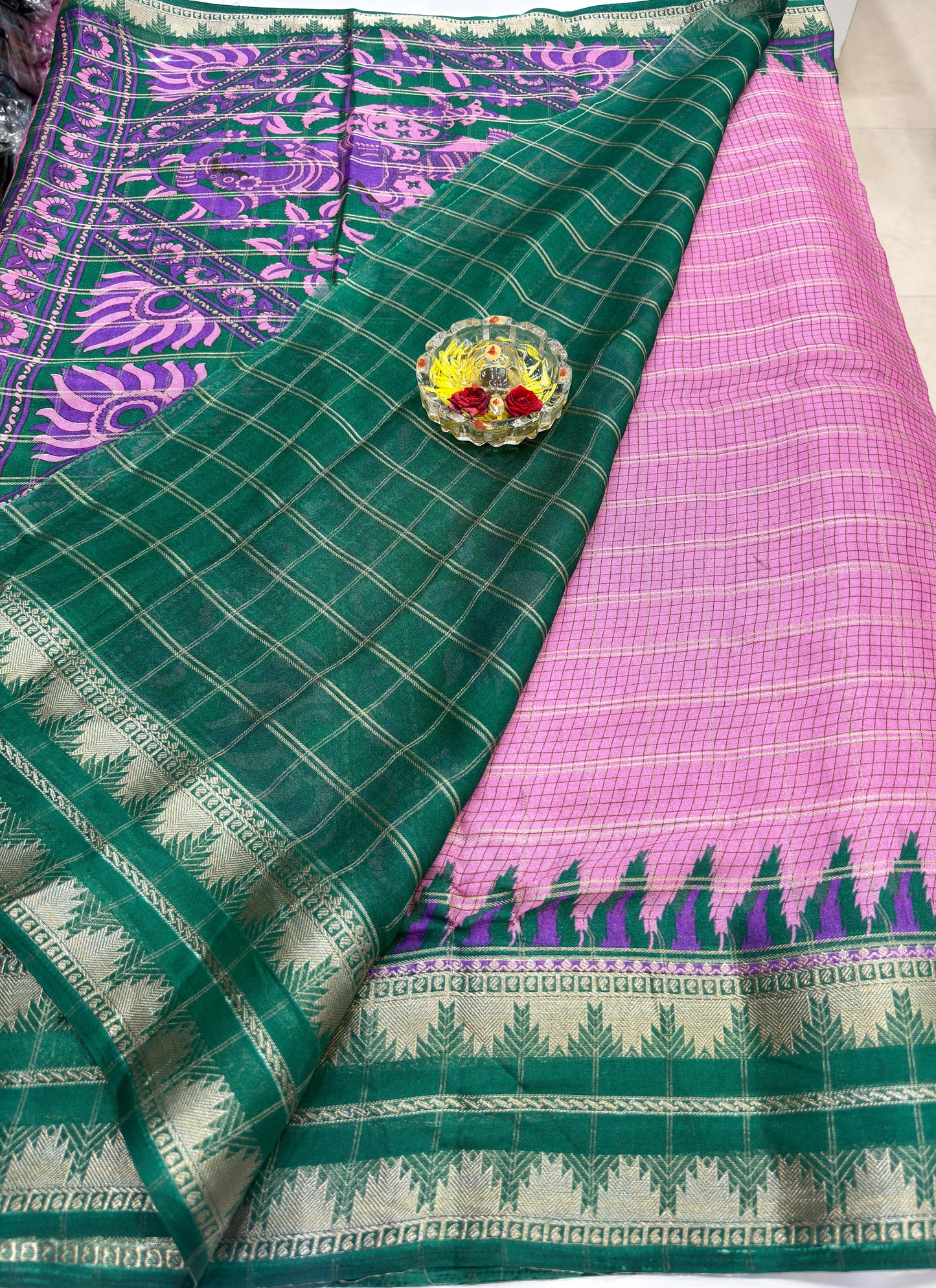Silk Blend Saree for Women with Temple and Folk Motif Border Traditional Design