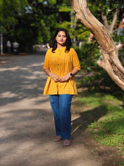 Mustard Cotton Woven Design Tunic for Women – Sizes S to 3XL