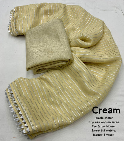 Soft Chiffon Saree with Silver Zari Weaving & Gota Temple Border – Banarasi Silk Blouse Included