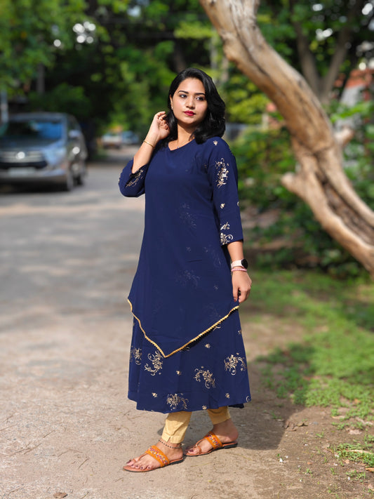 Navy Blue Poly Crepe Floral Printed Flared Kurta for Women with 3/4th Sleeves – S to 2XL