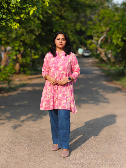 Pink Cotton Floral Printed A-Line Tunic for Women – Sizes S to 3XL