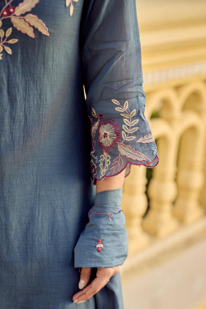 Mul Chanderi Embroidered Kurti Pant Dupatta Set for Women, V-Neck Straight Kurta with Matching Bottom and Dupatta