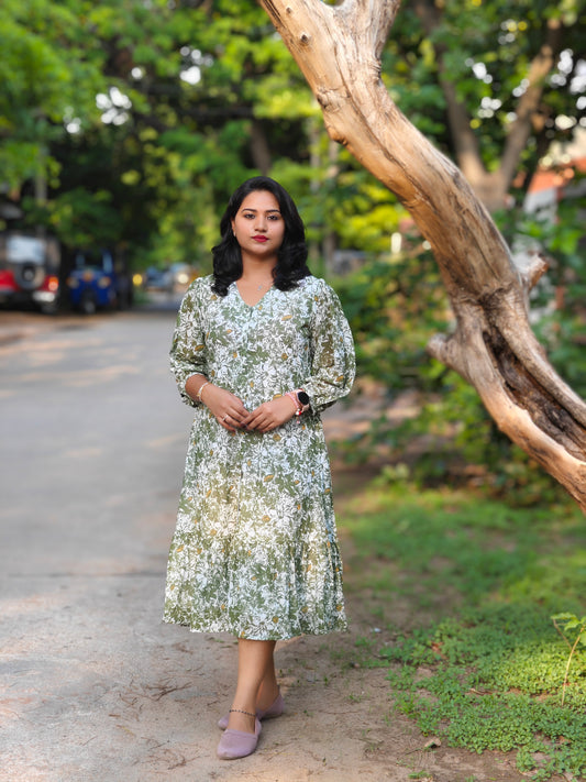 Olive Green Georgette Floral Printed A-Line Midi Dress for Women – Sizes S to XL