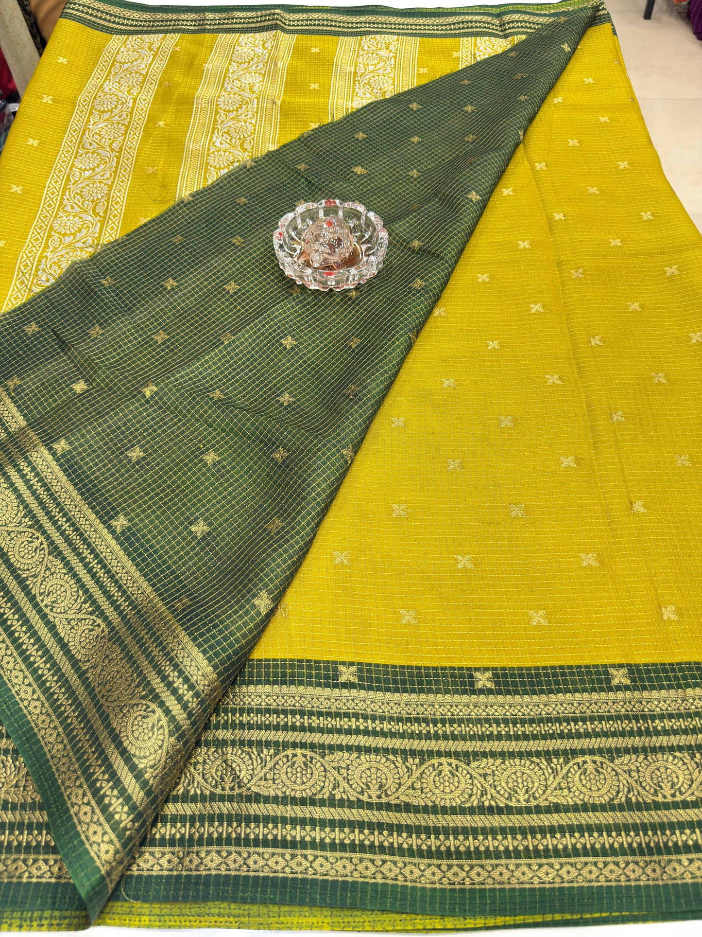 Munga pattu silk blend saree with small buti checks and zari border, women’s festive wear saree