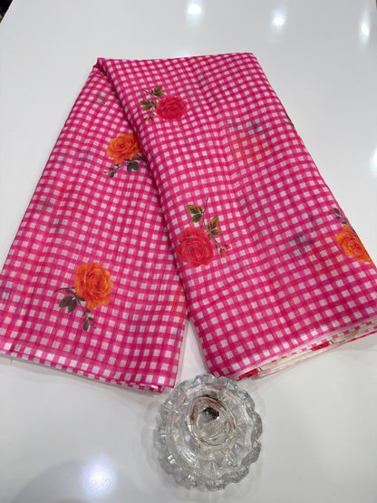 Linen Checks Printed Saree with Rose Floral Design and Matching Blouse for Women