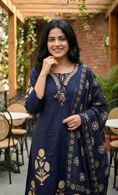 Printed Cotton A-Line Kurta Pant Dupatta Set for Women with Tassel Detailing, Machine Embroidery and Kantha Work