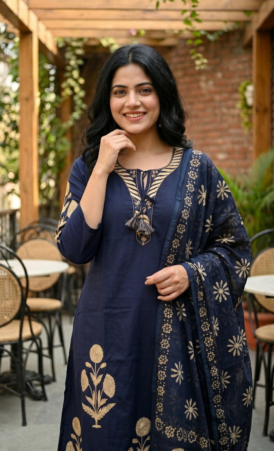 Printed Cotton A-Line Kurta Pant Dupatta Set for Women with Tassel Detailing, Machine Embroidery and Kantha Work