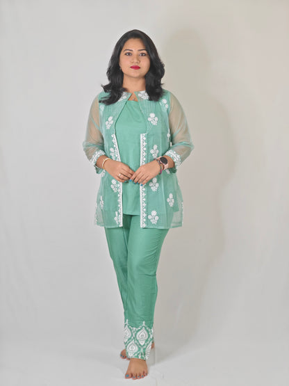 White Thread Embroidered Organza Kurta with Rayon Pant Set for Women