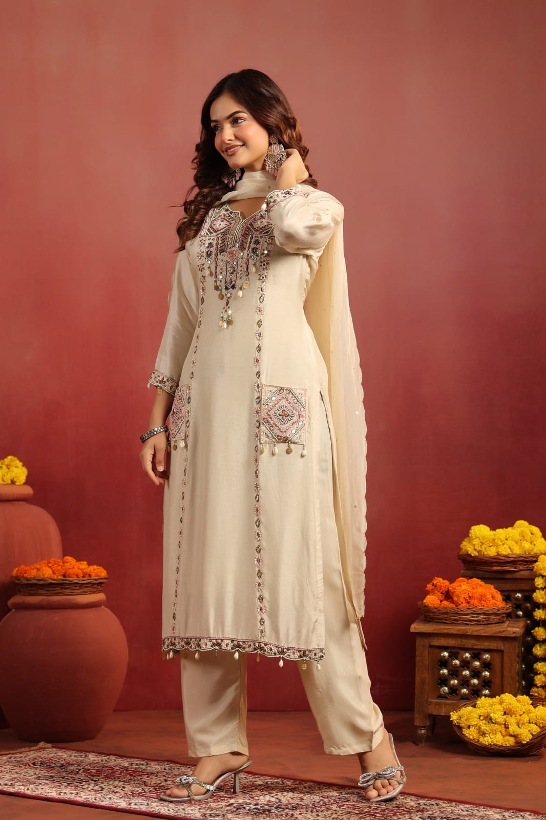 Dola Silk Kurta Pant Dupatta Set with Embroidery Detailing – Women’s Festive Wear (Sizes M–XXL)