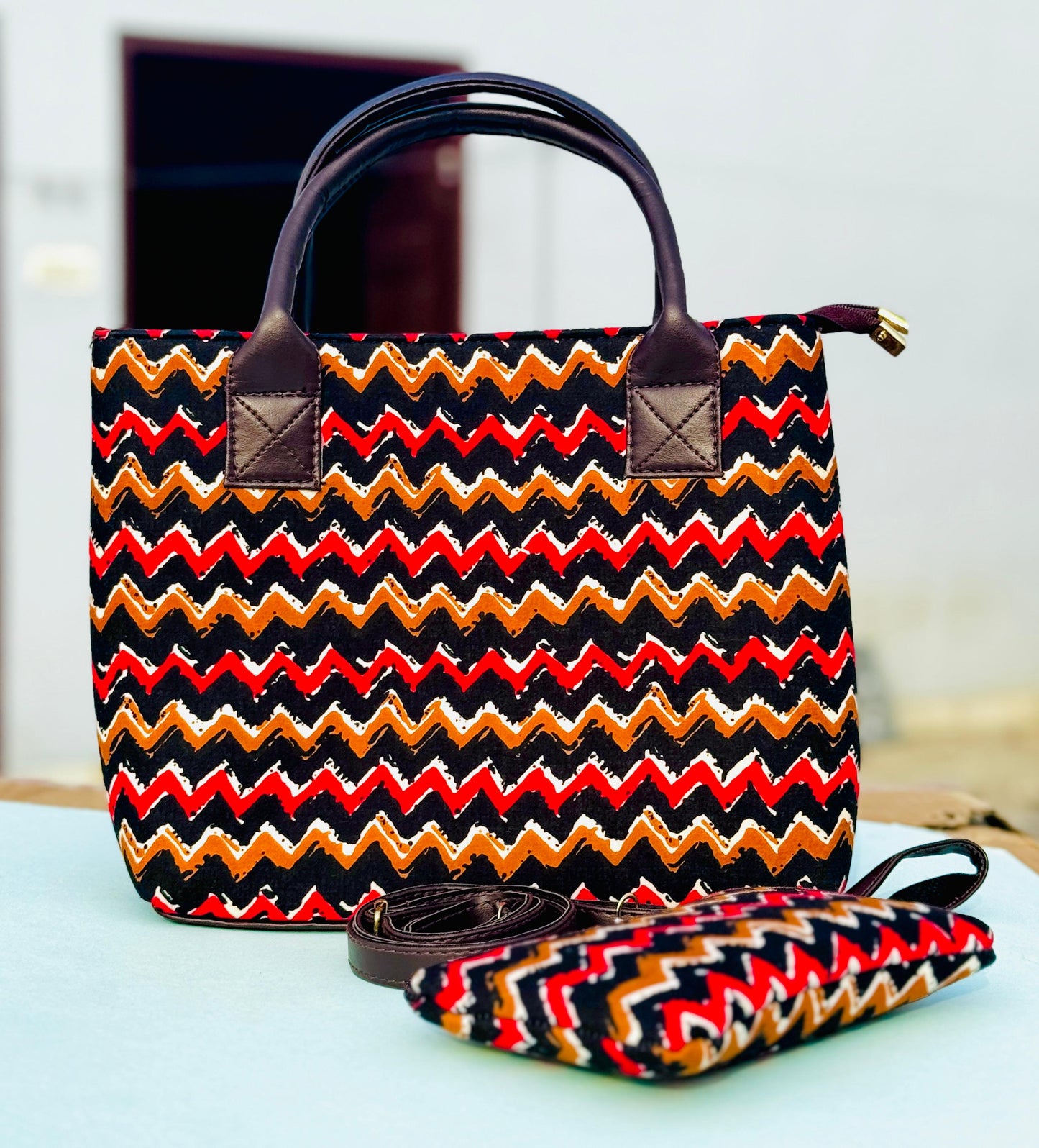 Dove Handbag cum Sling Bag in Block Printed Fabric with Double Partition and External Pouch – Women’s Bag