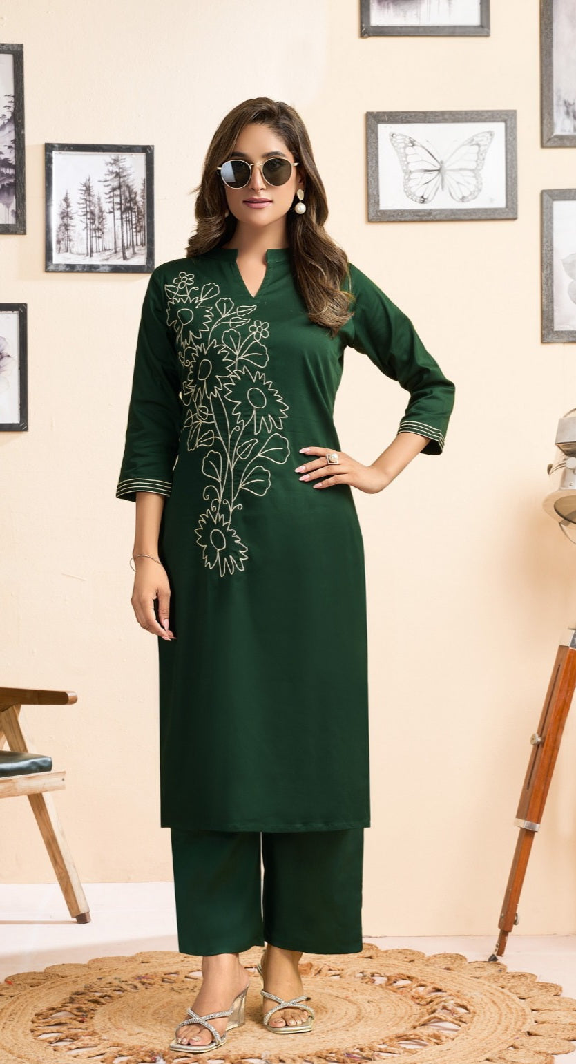 Satin lycra co-ord set for women with embroidered top and straight pants